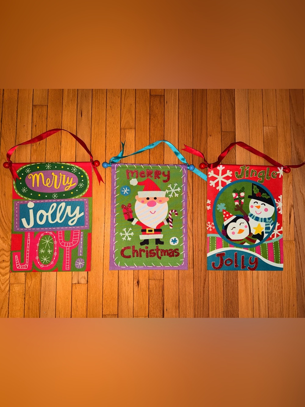 3 nwot Christmas holiday decor each 11.5” x 16” and ribbon to hang